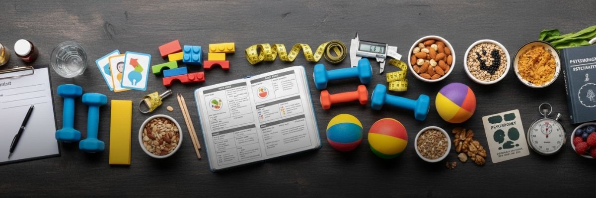 Elementos de salud integral: pesas, comida sana, plan de nutrición y libro de psicología en mesa de madera oscura.