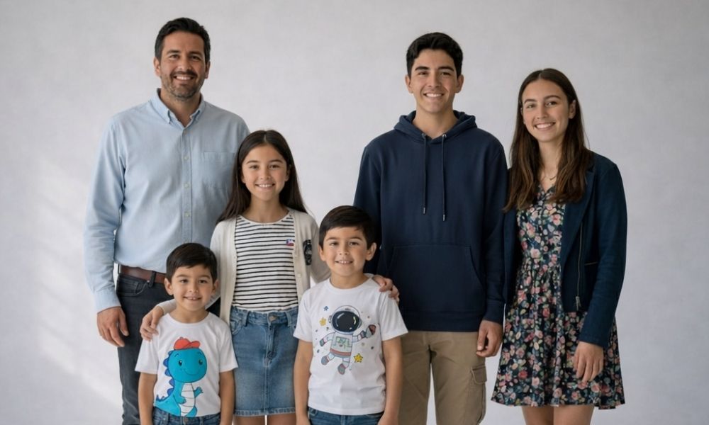 Un hombre adulto junto a dos adolescentes y tres niños con camisetas de dinosaurio y astronauta.