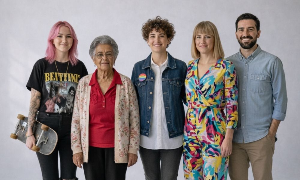 Cinco personas de varias edades y estilos, incluyendo una joven con pelo rosa, skate y persona con pin arcoíris.