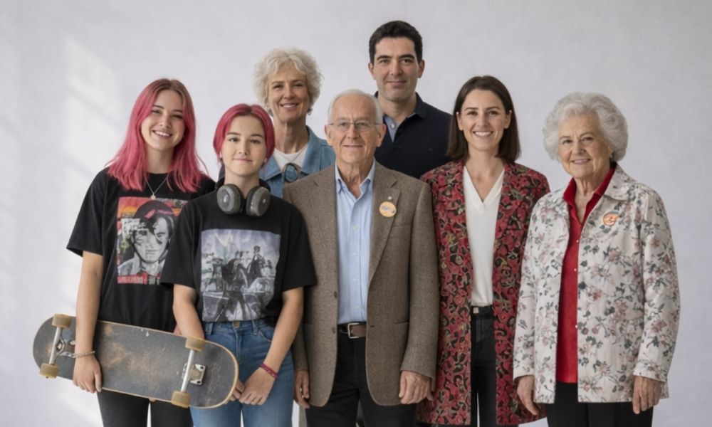 Grupo de siete personas, desde adolescentes con pelo rosa hasta adultos mayores, posando sonrientes en fondo blanco.