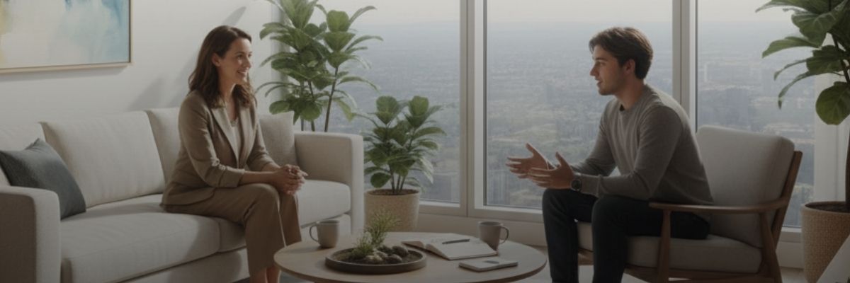 Sesión de terapia para adultos en un consultorio moderno con amplios ventanales.