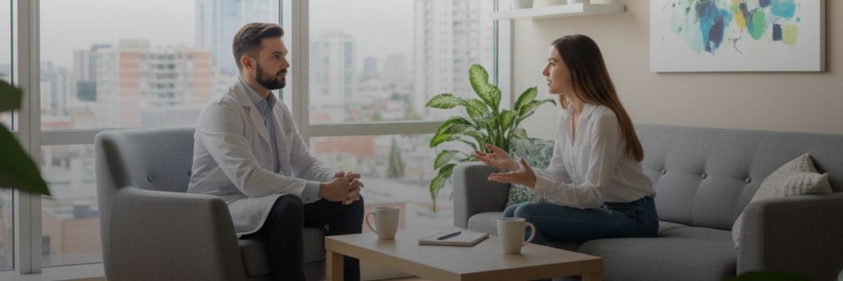 Psiquiatra con bata blanca escucha atentamente a una paciente sentada en un sofá.
