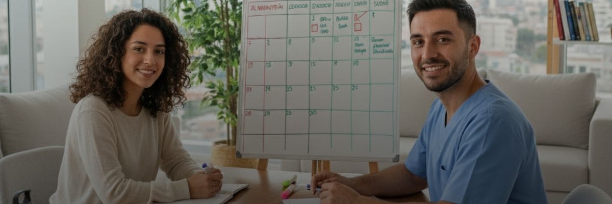 Terapeuta y paciente junto a pizarra de rutinas saludables y materiales de trabajo.