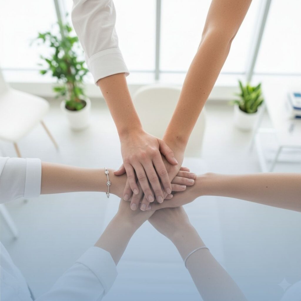 Primer plano de manos de varias personas apiladas, simbolizando unidad, equipo y colaboración.