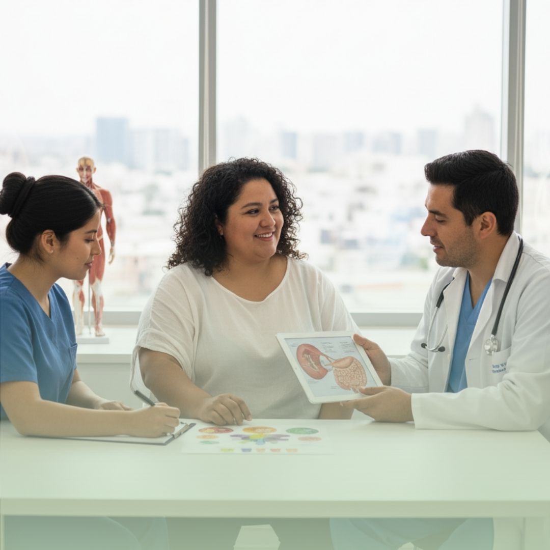 Médico muestra diagrama anatómico en tableta a paciente durante evaluación prequirúrgica.