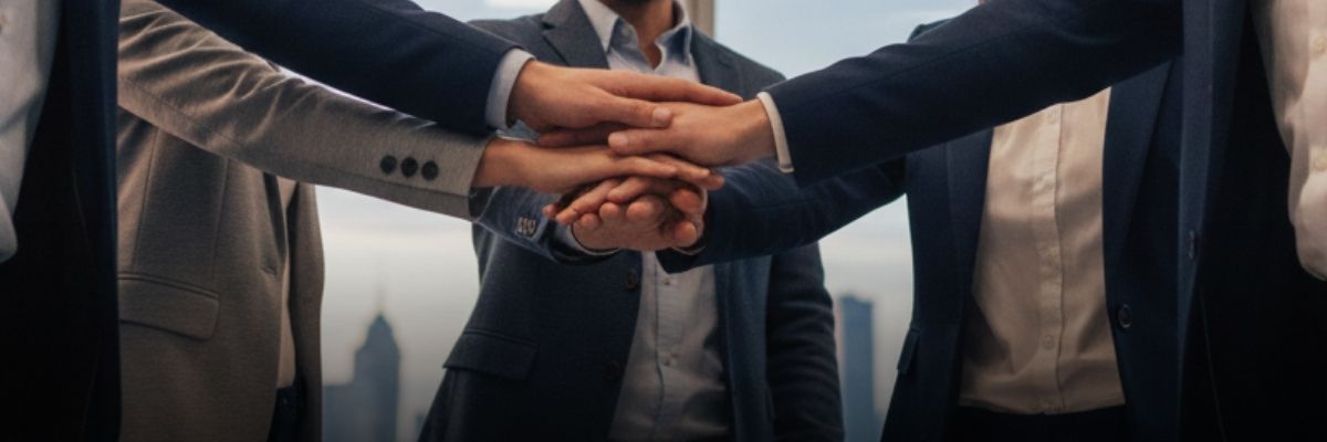 Primer plano de manos apiladas, simbolizando trabajo en equipo, unidad y colaboración empresarial