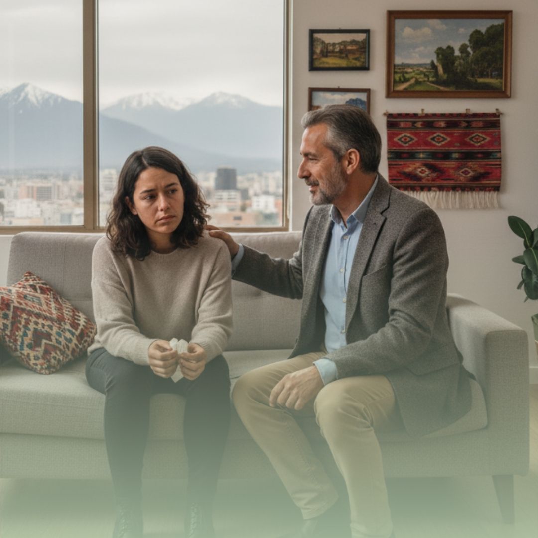 Terapeuta consola a paciente angustiada en un consultorio con vista a las montañas nevadas.