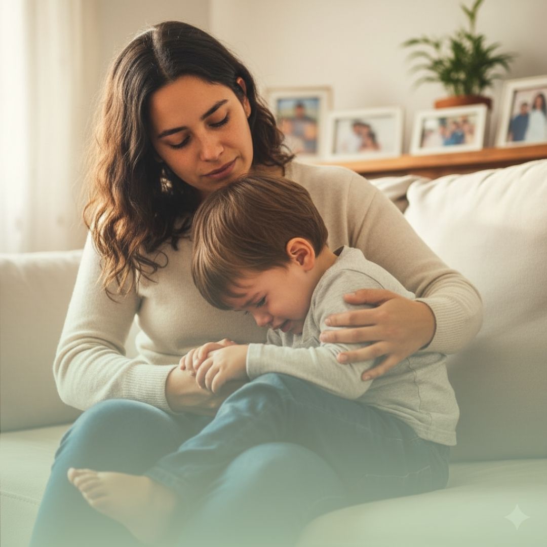 Madre consolando a su hijo pequeño sentado en un sofá en una sesión de psiquiatría infantil.