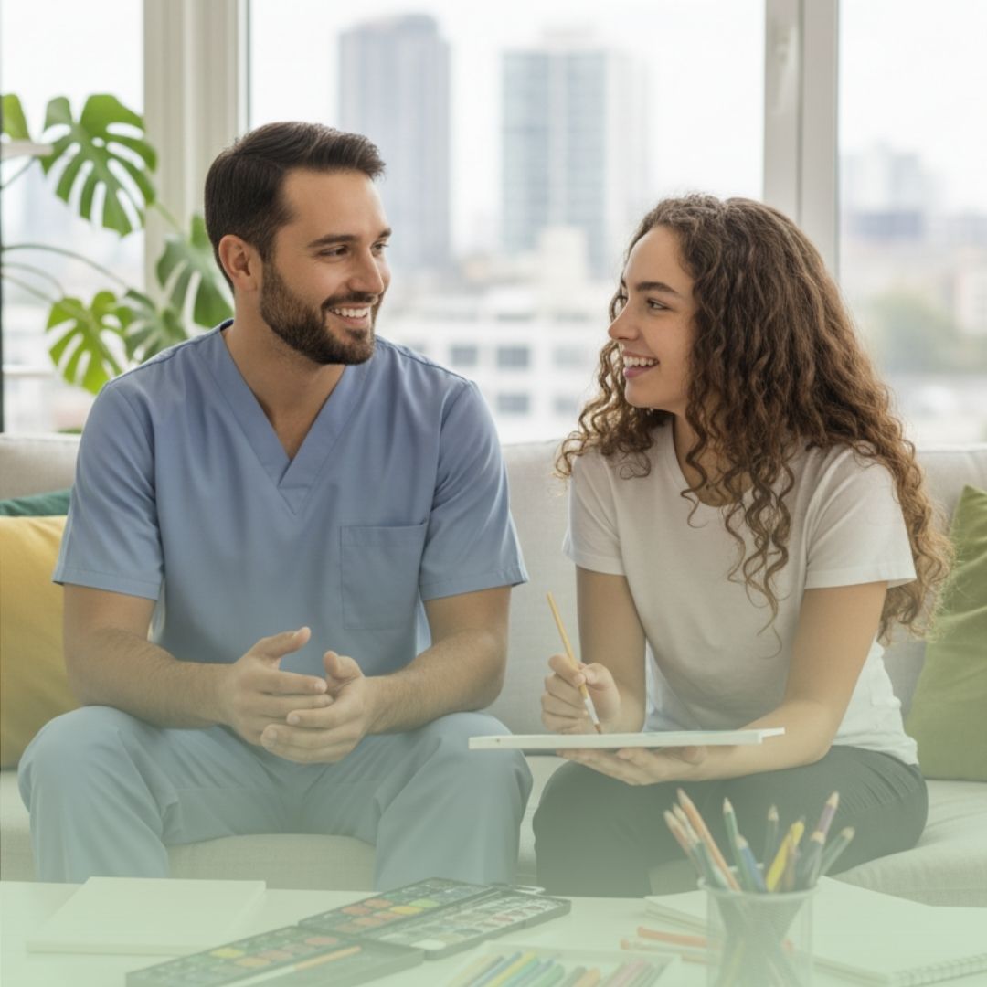 Terapeuta ocupacional sonríe a una joven que escribe en su cuaderno en un espacio luminoso.