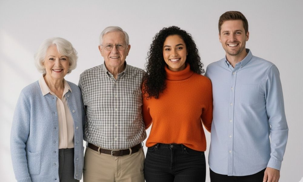 Cuatro personas de distintas edades, incluyendo una pareja mayor y dos jóvenes, sonriendo juntos sobre un fondo blanco.