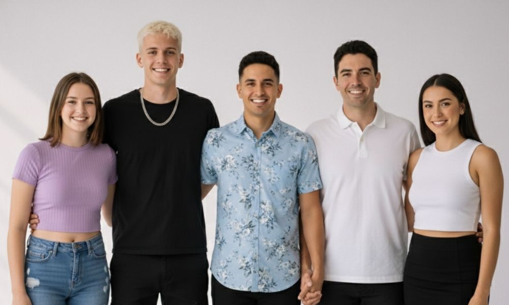 Cinco jóvenes sonrientes, de pie y abrazados, posando frente a fondo blanco.