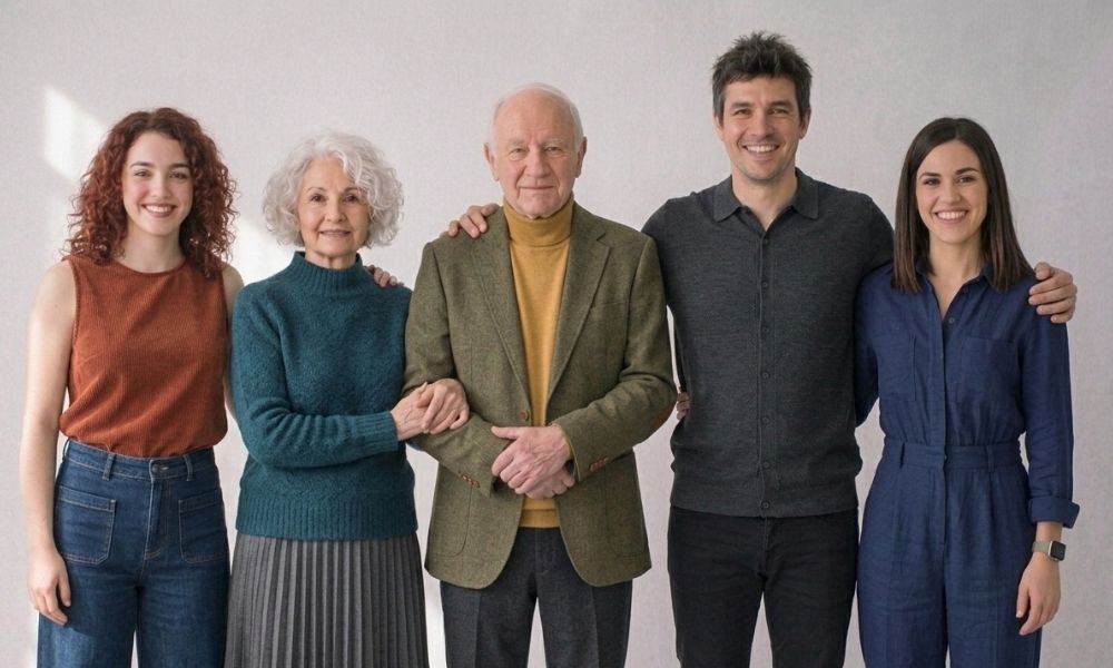 Grupo de personas con adultos mayores y cuidadores de pie, abrazados y sonriendo, representando acompañamiento y cuidado de personas mayores.